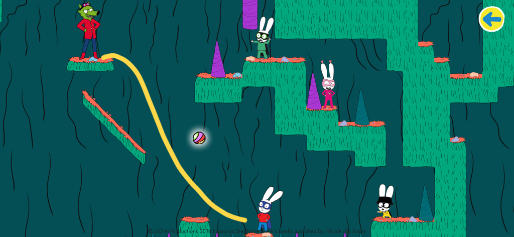 Simon Super Rabbit Vs Pr. Wolf - ウルフィー先生がプラットフォームから見ている中、サイモンと友達が洞窟レベルで黄色い線を描いて落ちてくるビー玉を捕まえようとする様子