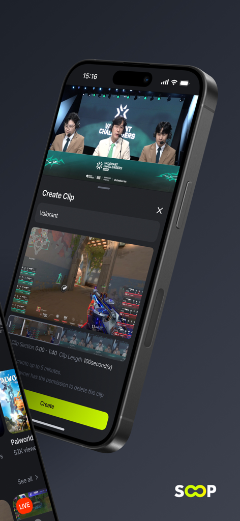 Smartphone screen showing the SOOP app's create clip feature during a Valorant esports live stream.