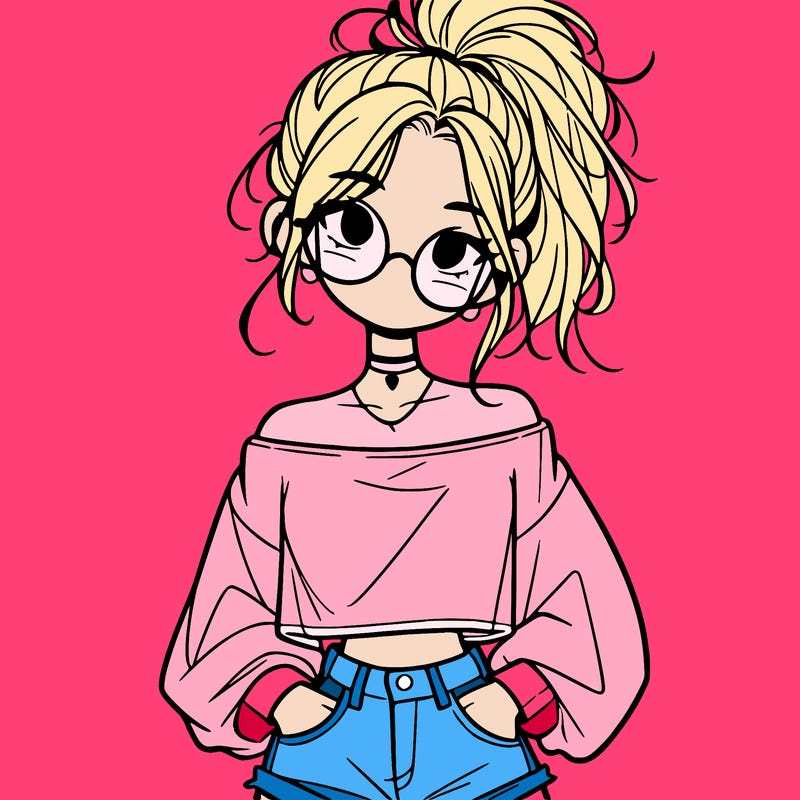 girl with a messy ponytail glasses a baggy crop top and jean shorts