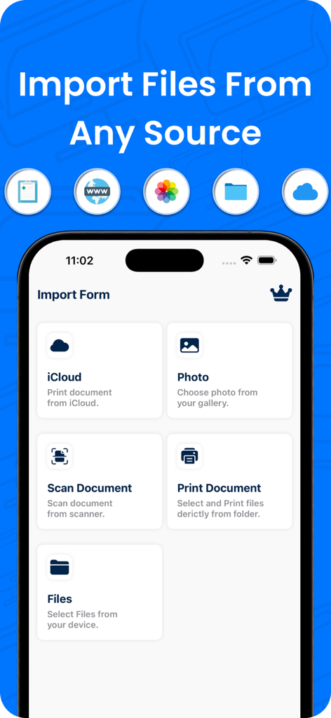 Smart Printer・Print & Scan - Interfaz de la aplicación Smart Printer mostrando opciones para importar archivos desde iCloud, Fotos y Escanear Documento para imprimir.