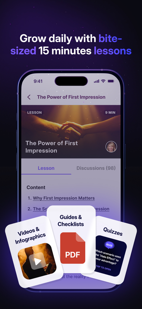 첫인상에 대한 짧은 일일 레슨, 인터랙티브 비디오 및 퀴즈를 보여주는 RiseGuide 앱 인터페이스