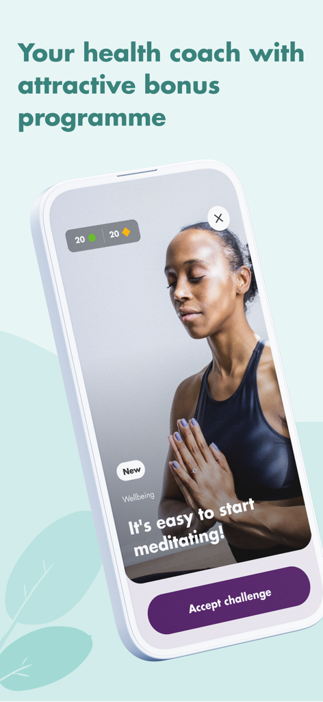 Smartphone screen displaying the SWICA Benevita app with a meditation challenge and health bonus points
