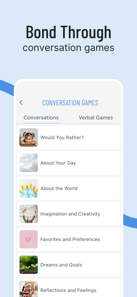 Ein mobiler Bildschirm aus der Inspired Minds App, der eine Liste von Gesprächsspielkategorien wie 'Würdest du eher' und 'Fantasie und Kreativität' anzeigt.
