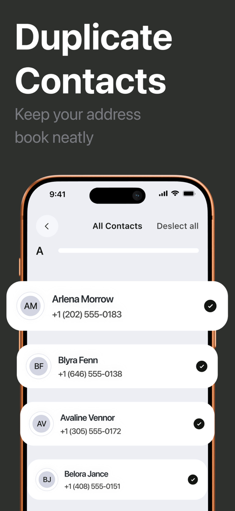 Cleerix - cleaner app - Interface of Cleerix app displaying a list of duplicate contacts with options to select and organize the address book