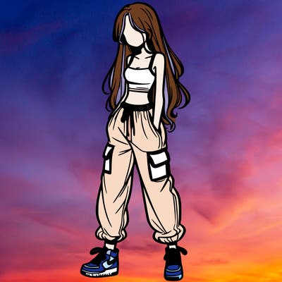 girl in baggy pants crop top and long hair