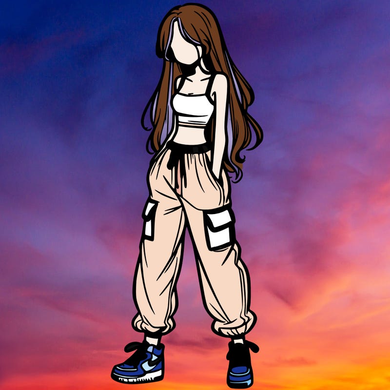 girl in baggy pants crop top and long hair