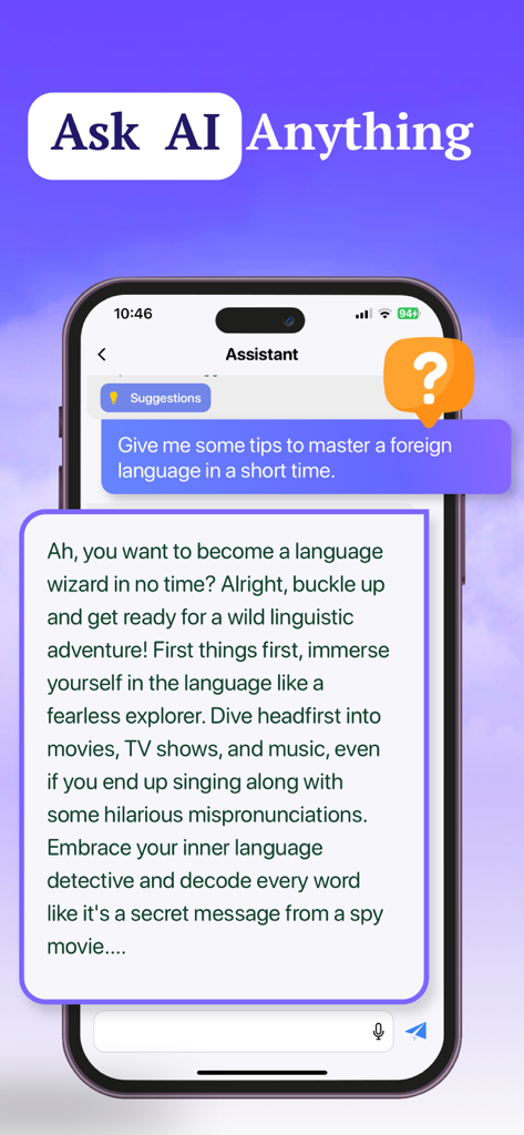 Pantalla móvil que muestra una interfaz de chat donde un asistente de IA brinda consejos para dominar un idioma extranjero.