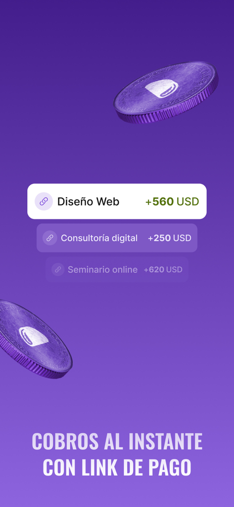 A mobile screen for Takenos showing instant USD payment collections for digital services.