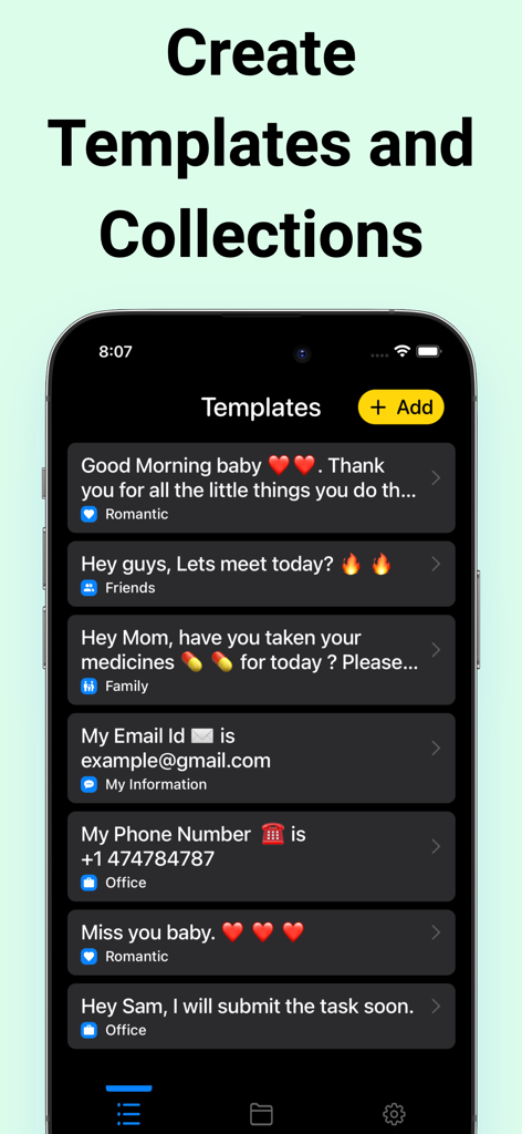 Paste Keyboard : Text Shortcut - List of categorized text templates for quick messaging in the Paste Keyboard app.