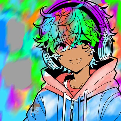 anime boy with headphones wearing a hoodie and curly hair smiling