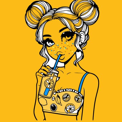 realistic girl with buns and lemon themed makeup drinking lemonade eith a crop top
