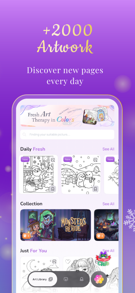 Adult Coloring Book - Artasy - Pantalla de inicio de la aplicación Artasy mostrando páginas para colorear diarias y colecciones de arte temáticas