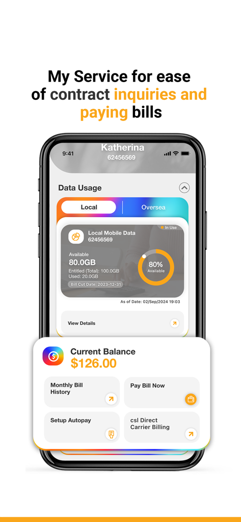 csl. - Interface of the csl mobile app showing data usage statistics and billing management tools