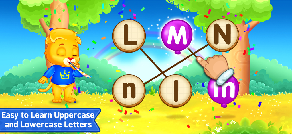 ABC Kids - Tracing & Phonics - Educational game screen from ABC Kids app showing a child matching uppercase and lowercase letters with a cartoon lion celebrating