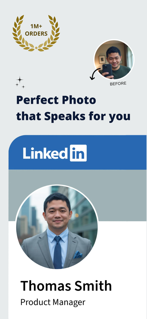 Vergleich von Vorher und Nachher eines lässigen Selfies und eines professionell KI-generierten Porträts im LinkedIn-Profil