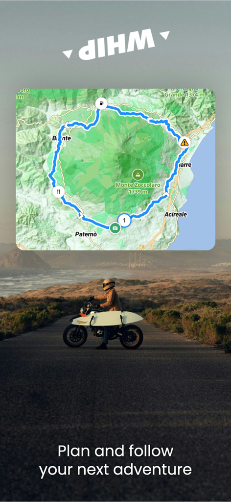 WHIP LIVE Moto, Bike, Trekking - Capture d'écran de l'application WHIP LIVE présentant un itinéraire détaillé sur carte topographique et un motocycliste pour la planification d'aventures en plein air.