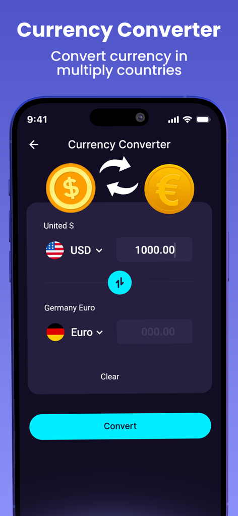 Internet Speed Test App - Currency converter interface showing conversion from US Dollars to Euros