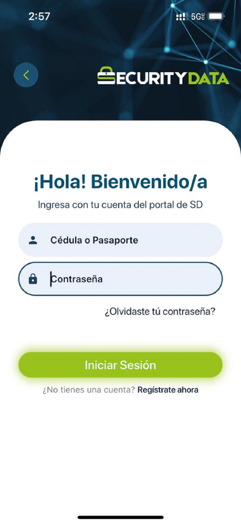 Pantalla de inicio de sesión de la aplicación Security Data en español