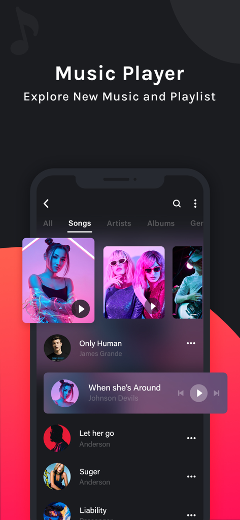 PLAYit - Music video palyer - Smartphone screen showing the PLAYit music player interface with a list of songs and artist photos