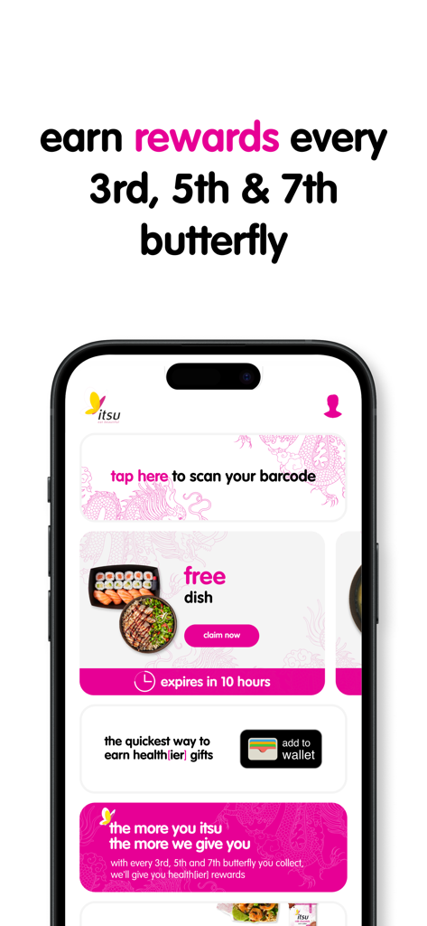 itsu rewards - itsu rewards mobile app interface showing butterfly loyalty points and free dish offers