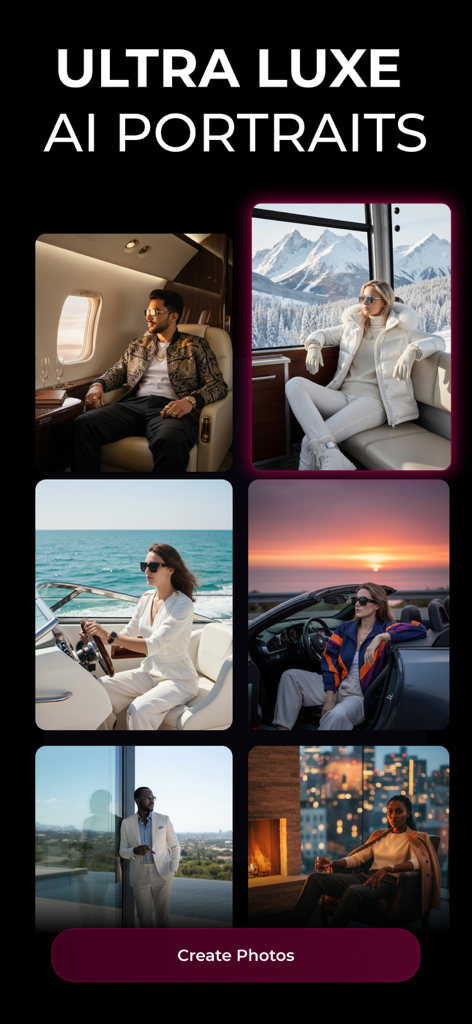 ImaginAI - AI Art & Video - 럭셔리 라이프스타일 환경에서 매우 사실적인 AI 초상화 갤러리를 보여주는 ImaginAI 앱 인터페이스