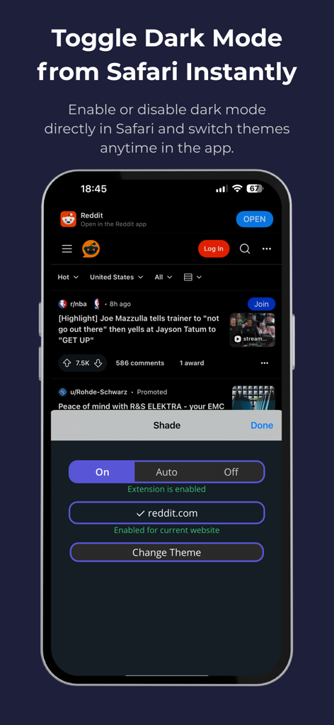 Shade: Dark Mode for Safari - iPhone screen showing the Shade extension menu to toggle dark mode on a website in Safari