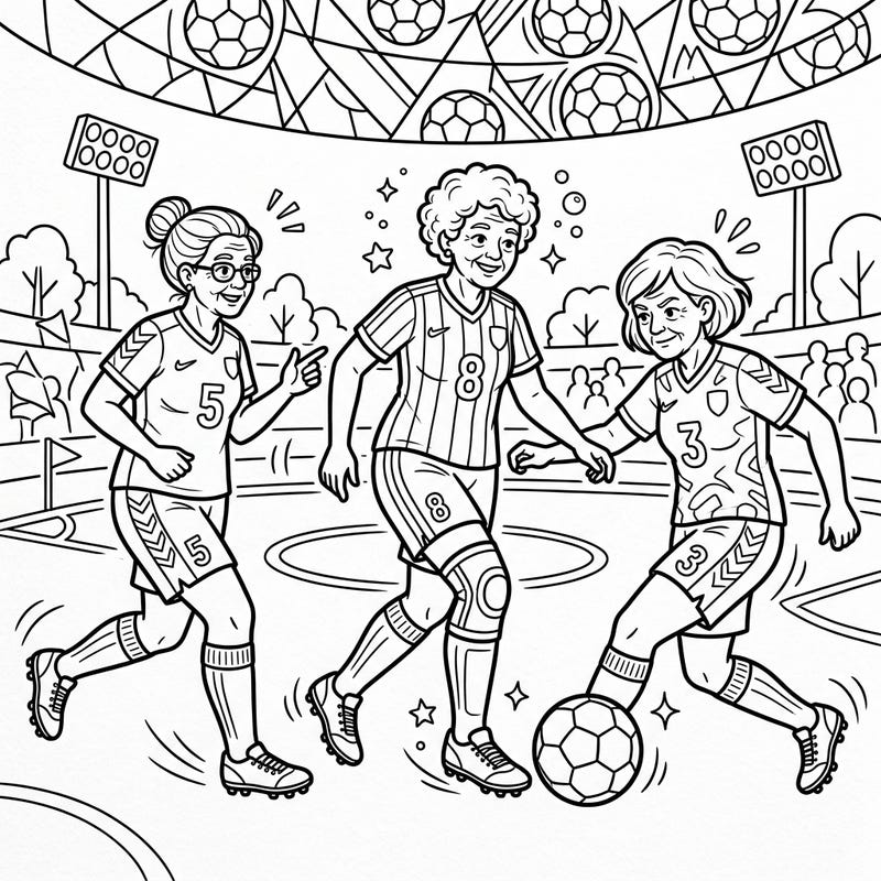 Get ready to color the excitement of the game with our Senior Soccer Players coloring page! This template features dynamic elderly athletes on the field, perfect for an engaging and accessible coloring experience.