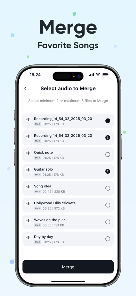 Vocalize - Record & Speak - Interface of the Vocalize app showing the feature to merge multiple audio recordings.