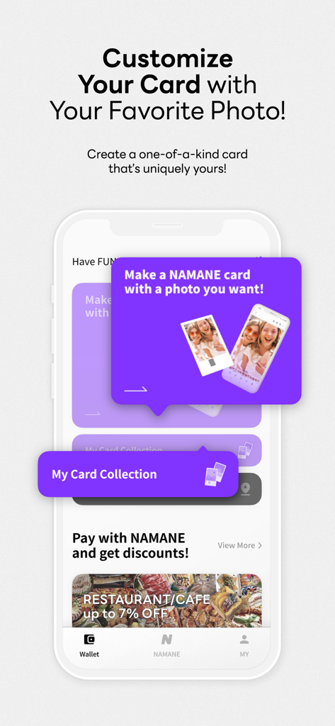 NAMANE: Pay & Transit card - Interface showing how to customize a NAMANE transit card with a personal photo.