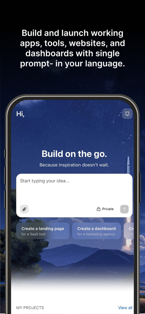 Rocket mobile app screen for building apps and dashboards with AI prompts.