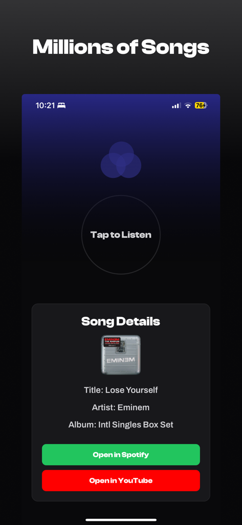 Crossfade - Interface de reconhecimento musical do Crossfade mostrando detalhes da música de Eminem com botões para abrir no Spotify e YouTube