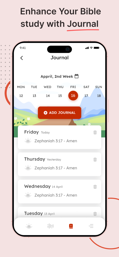 Bible - Daily Bible KJV - Interfaz de la aplicación de la Biblia mostrando la función de diario con entradas de oración diarias y una vista de calendario semanal.