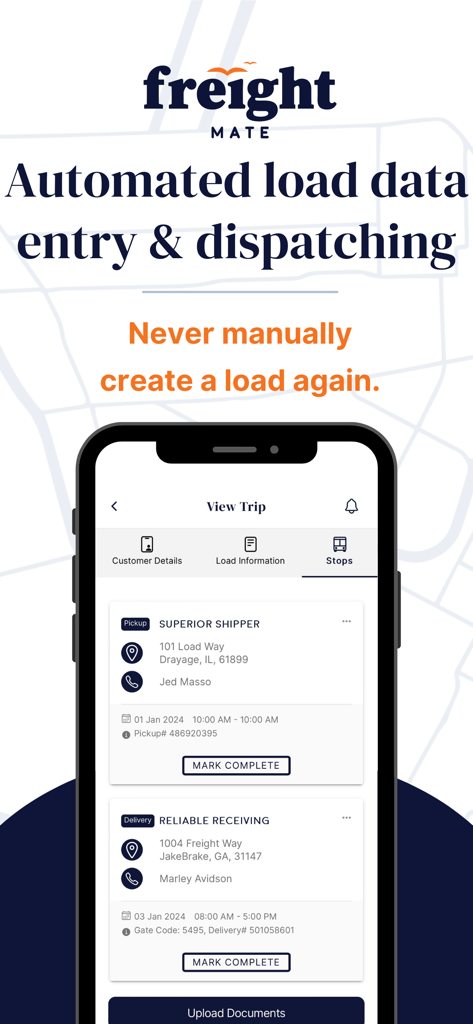 Freight Mate - Interface do aplicativo Freight Mate mostrando entrada automatizada de dados de carga e detalhes da viagem para motoristas de caminhão.