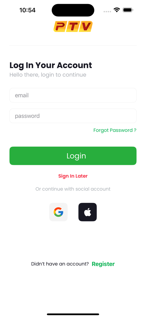 Login screen for the PTV Live Cricket app with email and social account options
