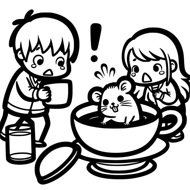hamster in a teacup and somebody is about to drink it but is surprised