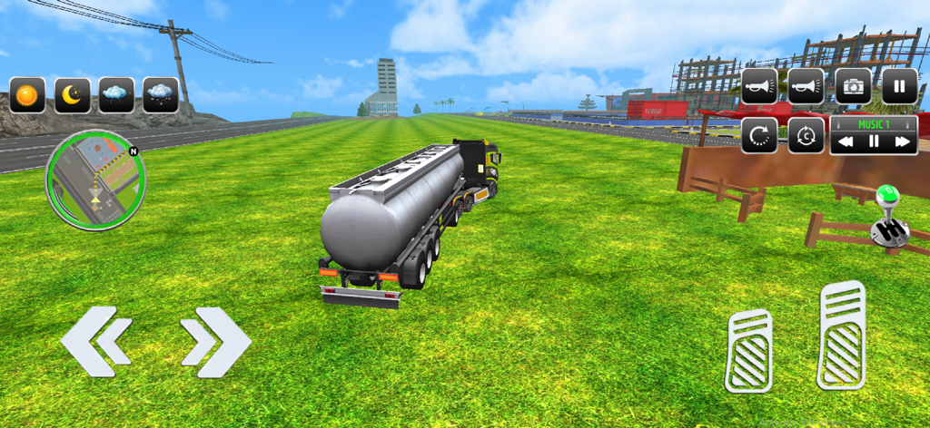 Factory Truck Simulator Games - Un camión cisterna de leche conduciendo por un campo verde en un juego simulador de camiones.