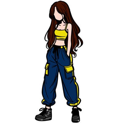 girl in baggy pants crop top and long hair