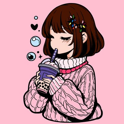 manga girl drinking boba in cozy sweater