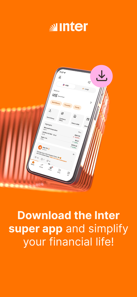 A smartphone showing the Inter super app dashboard for banking and investing on an orange background