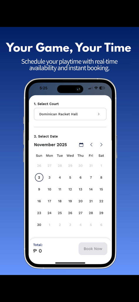 PlaySpot Booking Services - PlaySpotモバイルアプリのインターフェース。カレンダーでスポーツコートと予約日を選択できます。