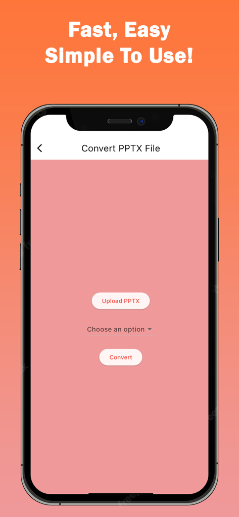 PPTX PPT PPTM To PDF Reader - Mobile app screen for converting PPTX presentations to PDF format with upload and convert buttons