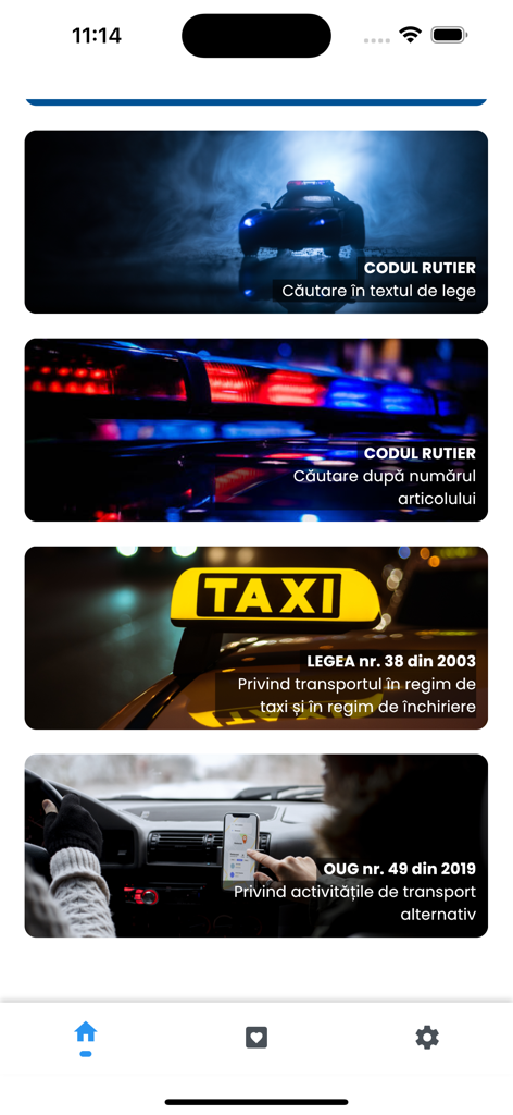 Amenzi Rutiere app home screen showing search options for Romanian road codes and transport laws