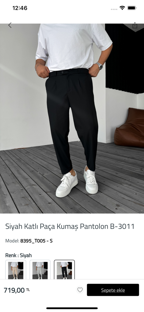 ByBasicman - Mobile app product view of ByBasicman showcasing black tailored men's trousers paired with a white t-shirt and sneakers