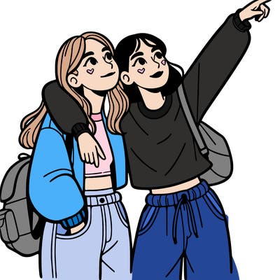 2 girl teen best friends hugging looking up at the sky pointing with baggy pants