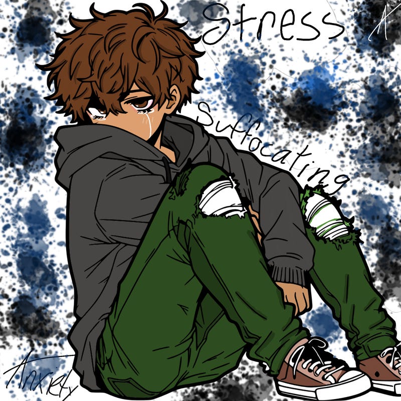 a male hoddie ripped jeans messy hair anime