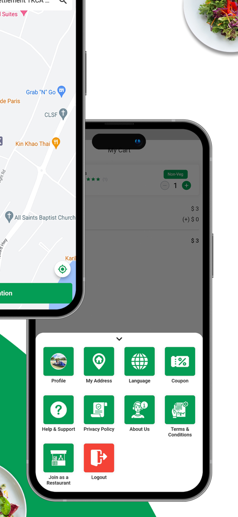 Order Up -Order Food & Grocery - Screenshots of the Order Up app interface including a delivery map and user settings menu