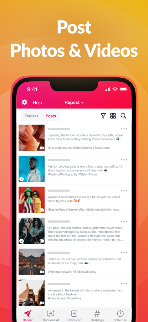 Repost+ for Instagram . - Mobile app interface of Repost Plus showing organized Instagram posts with captions and hashtags.