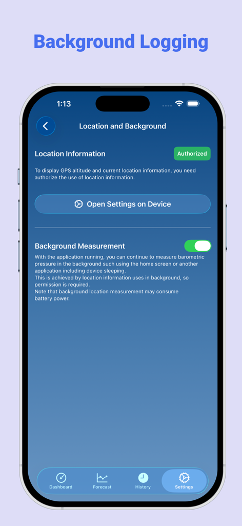 iPhone screenshot of the Torr app settings screen showing background measurement and location authorization options.