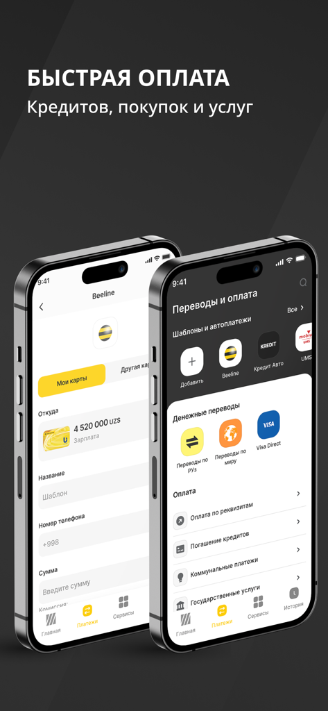Kapitalbank Online mobile app interface showing fast payment options for loans and services