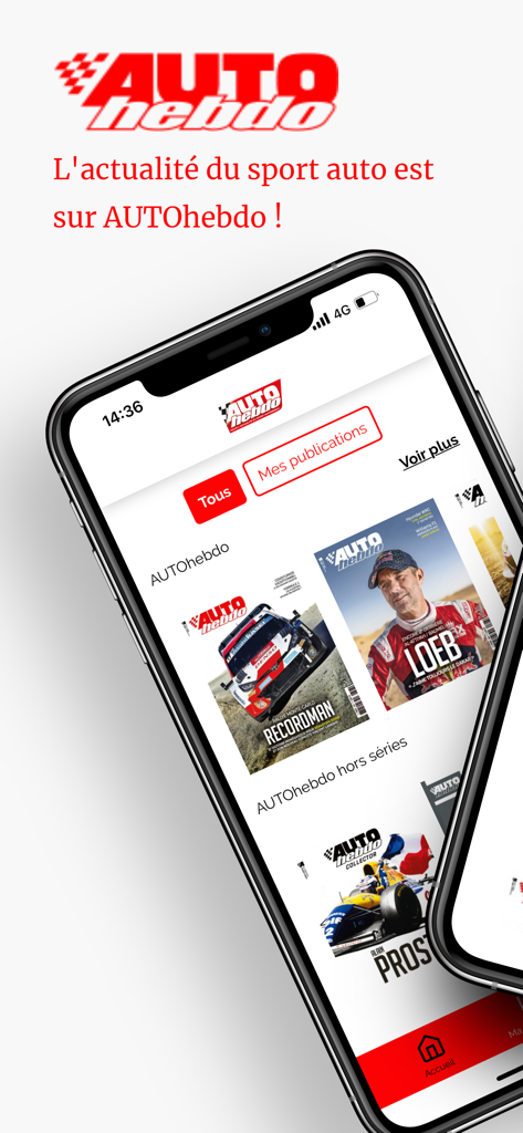 AUTOhebdo Magazine - Smartphone screen displaying the AUTOhebdo Magazine app with motorsport digital magazine covers and racing news.